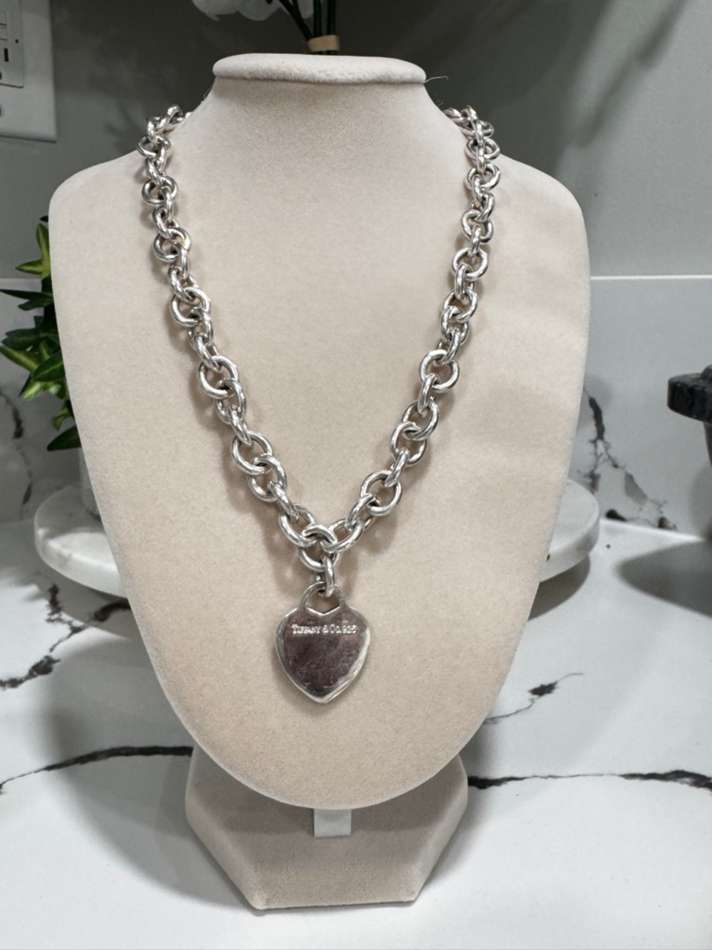 Authentic Tiffany & Co. Sterling Silver Chunky Link Necklace with Heart Tag